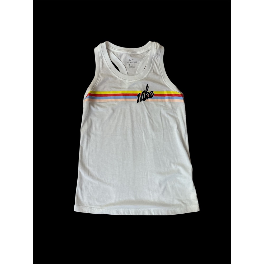 Nike Sportswear Womens Racerback Tank Top White With Stripe And Script Logo XS